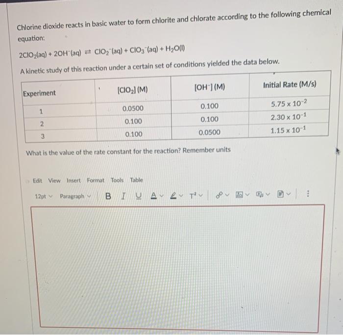 Solved Chlorine dioxide reacts in basic water to form