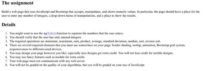 Solved The assignment Build a web page that uses JavaScript | Chegg.com