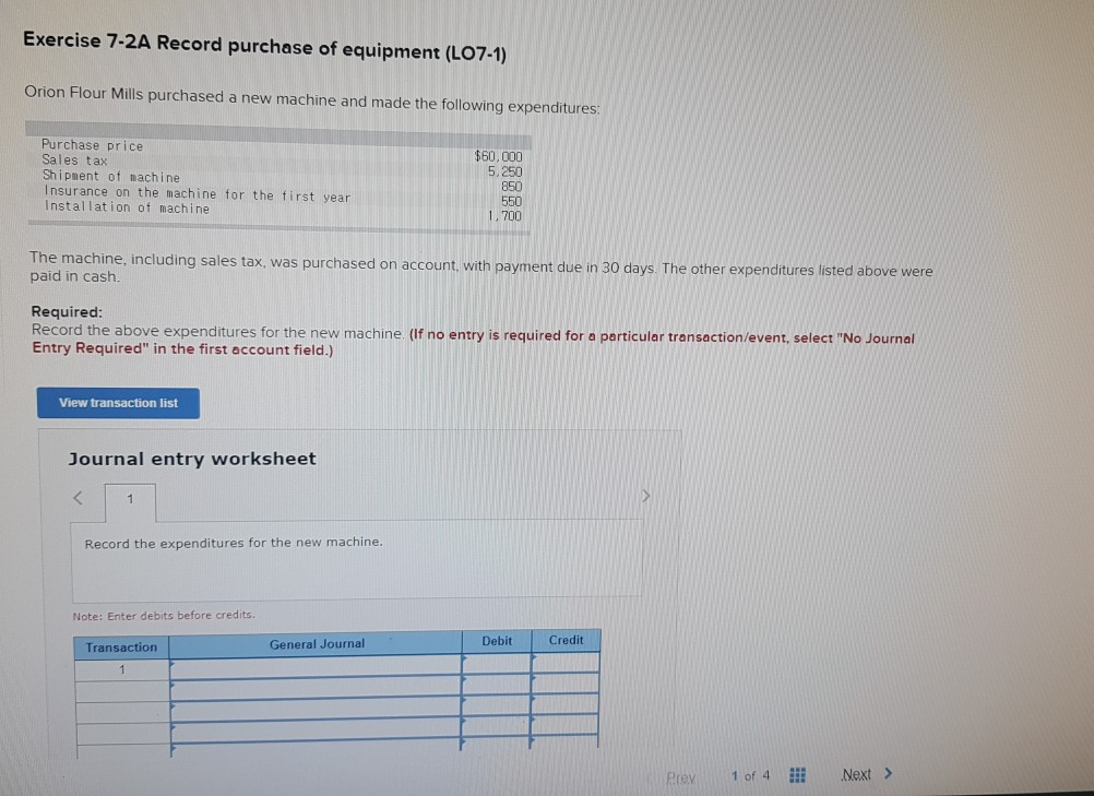 Solved Exercise 72A Record purchase of equipment (L071)