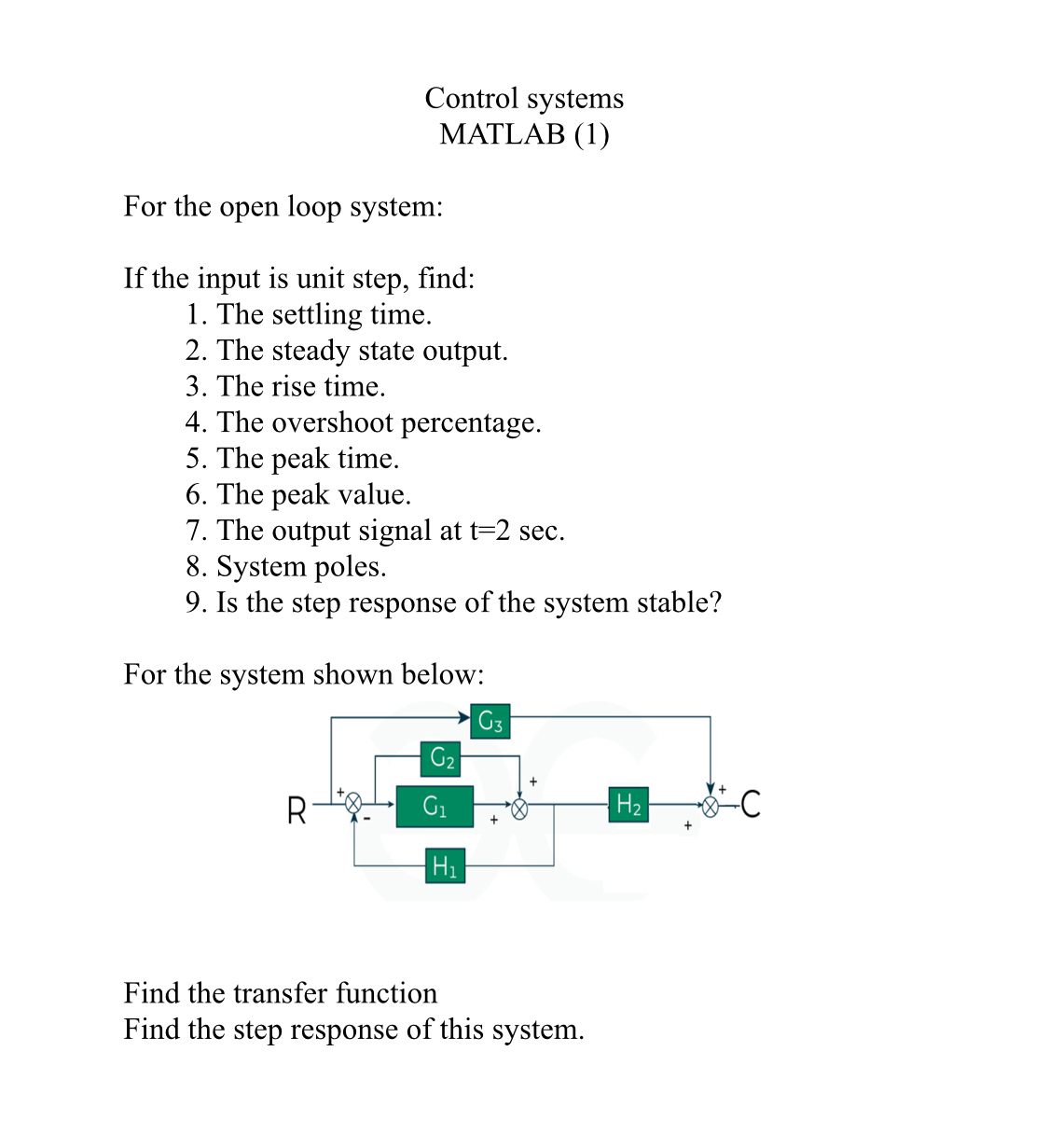 Control systemsMATLAB (1)For the open loop system:If | Chegg.com