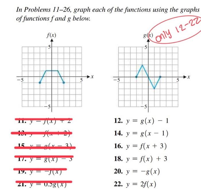 In Problems 11-26, graph each of the functions using the graphs of functions f and g below. f(x) g(x) only 12-22 -5 -5 5 -5 1