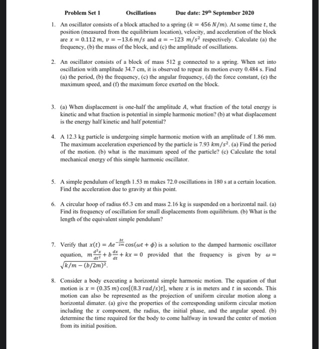 Solved Problem Set 1 Oscillations Due Date 29th Septembe Chegg Com