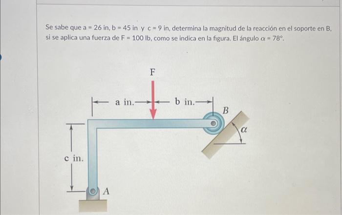 Se sabe que \( a=26 \) in, \( b=45 \) in y \( c=9 \) in, determina la magnitud de la reacción en el soporte en \( B \), si se