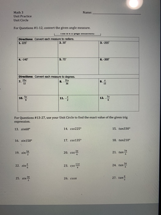 Solved Name: Math 3 Unit Practice Unit Circle For Questions | Chegg.com