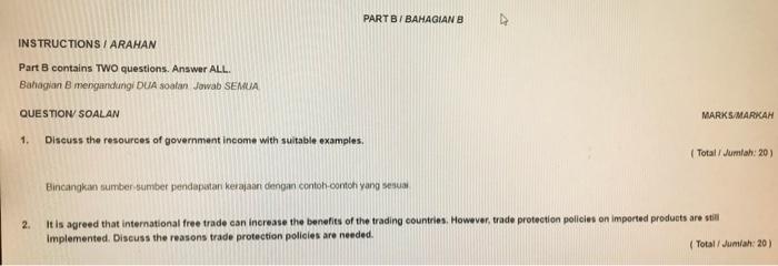 Solved PART B I BAHAGIANB INSTRUCTIONS I ARAHAN Part B | Chegg.com