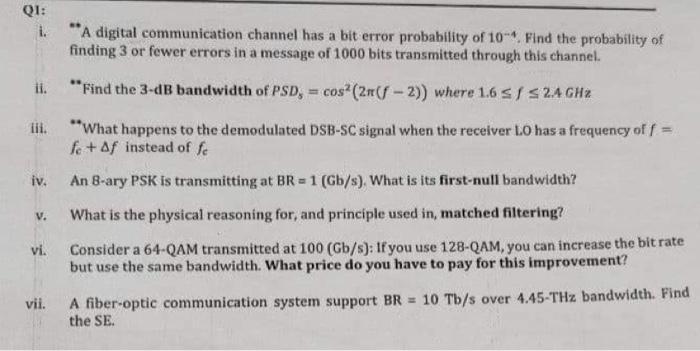 Solved i. "A digital communication channel has a bit error | Chegg.com