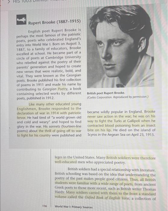 Solved HIS Rupert Brooke (1887-1915) English Poet Rupert | Chegg.com