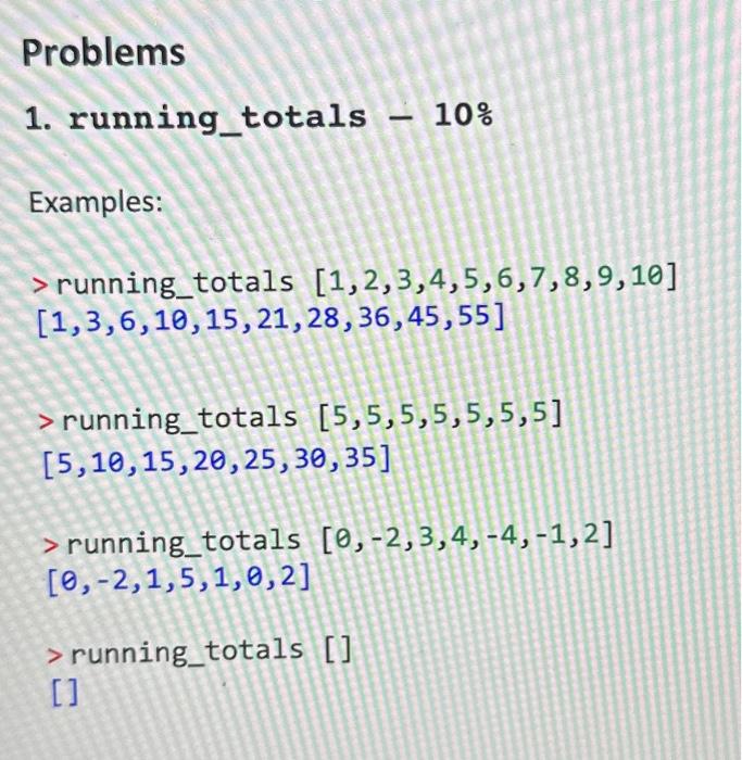 Solved Problems 1. running_totals - 10% Examples: \[ | Chegg.com