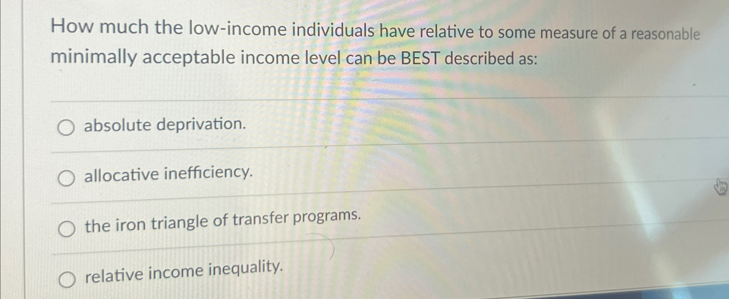 Solved How much the low-income individuals have relative to | Chegg.com