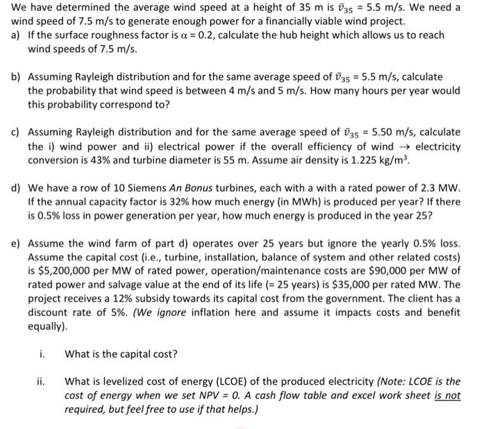 Solved We have determined the average wind speed at a height | Chegg.com