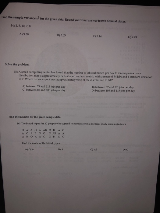 Solved Find The Sample Variances For The Given Data Roun