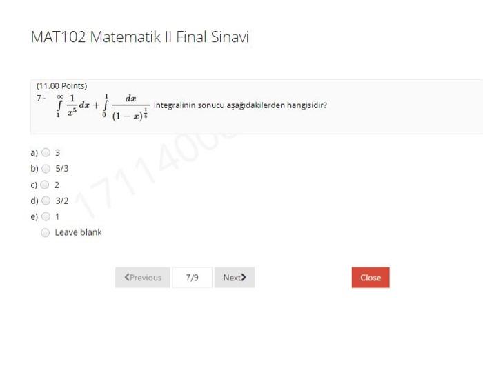 Solved 7. A) 3 B) 5/3 C) 2 D) 3/2 E) 1MAT102 Matematik II | Chegg.com