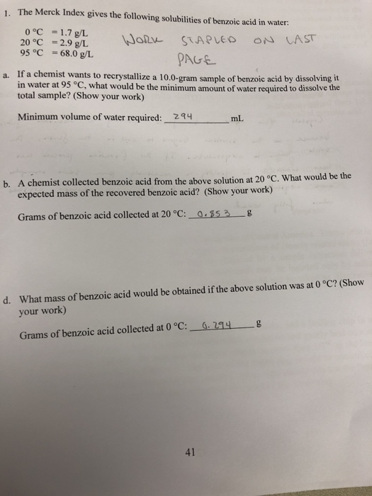 Solved 1 The Merck Index Gives The Following Solubilities Chegg Com