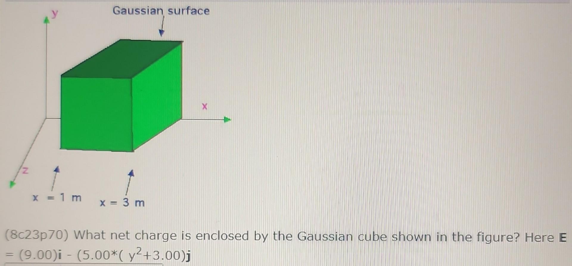 (8c23p70) What net charge is enclosed by the Gaussian cube shown in the figure? Here E \( =(9.00) \mathbf{i}-\left(5.00 *\lef