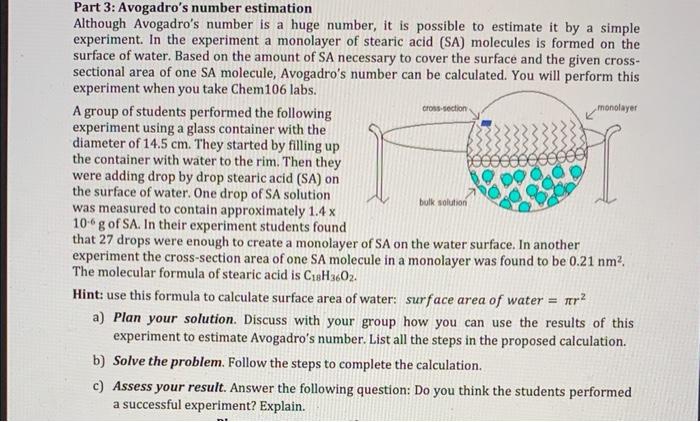 Part 3: Avogadros number estimation
Although Avogadros number is a huge number, it is possible to estimate it by a simple e