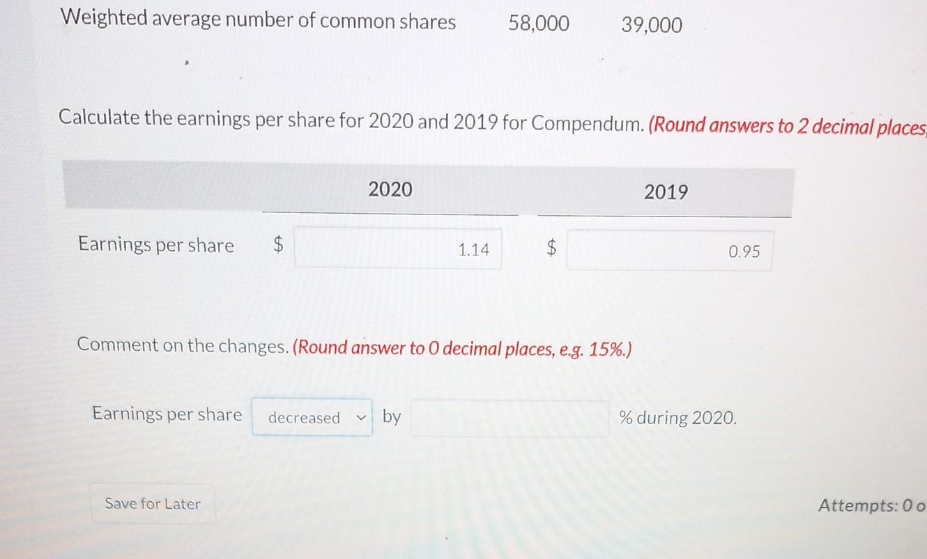 Solved Calculate The Earnings Per Share For 2020 And 2019 | Chegg.com