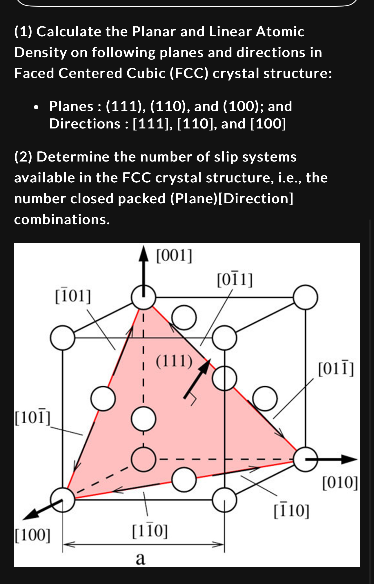 Solved (1) ﻿Calculate the Planar and Linear Atomic Density | Chegg.com