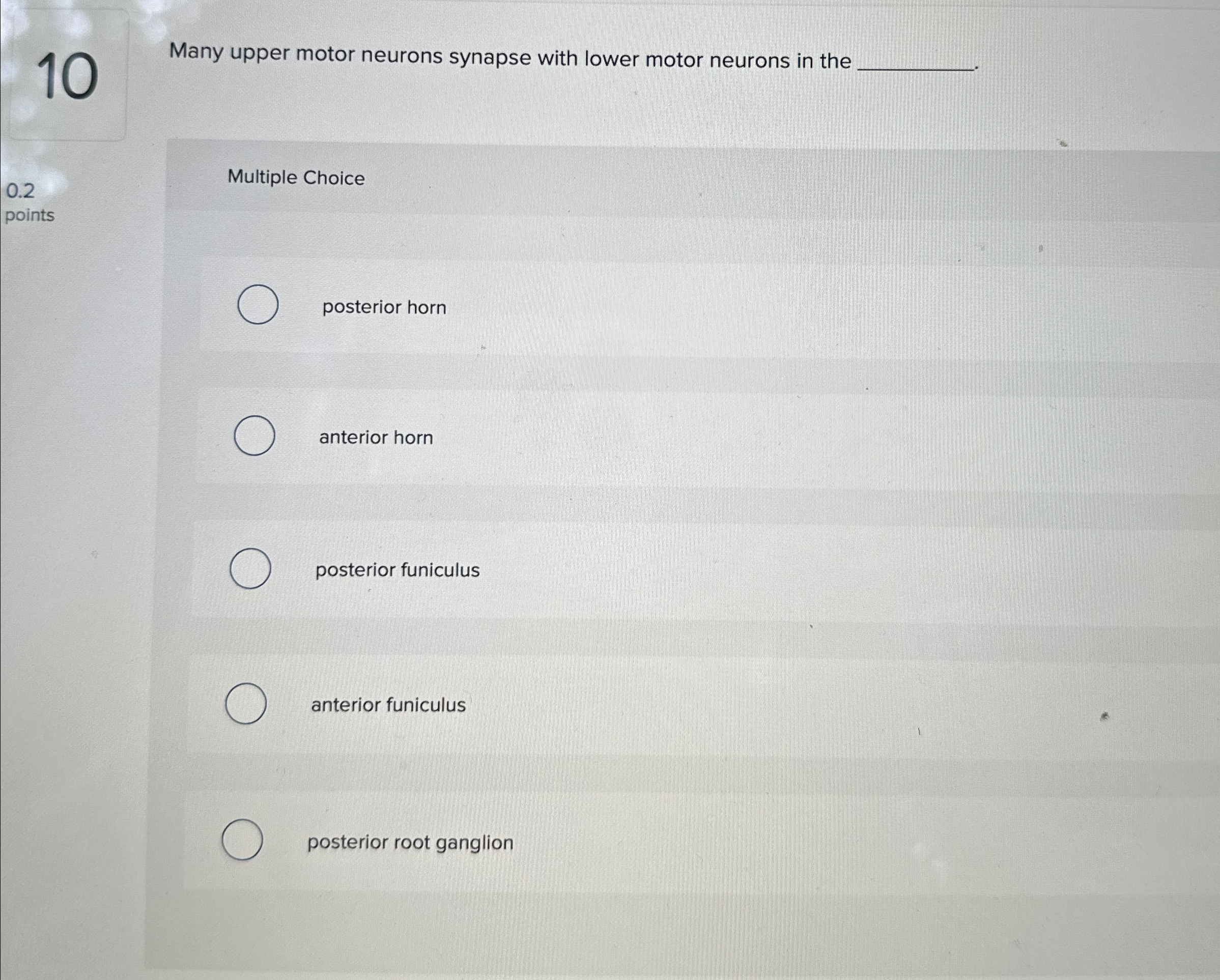 Solved 10Many upper motor neurons synapse with lower motor | Chegg.com