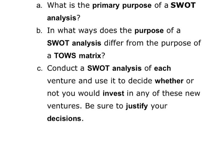 Solved A. What Is The Primary Purpose Of A SWOT Analysis? B. | Chegg.com