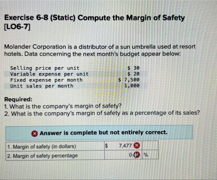 Solved Exercise 6-8 (Static) Compute the Margin of Safety | Chegg.com