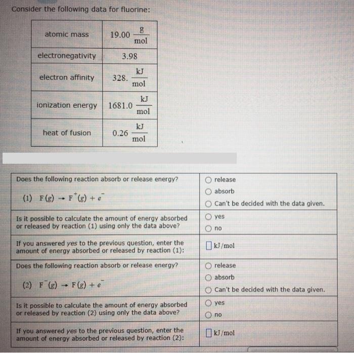 Solved consider the following data for fluorine atomic mass chegg