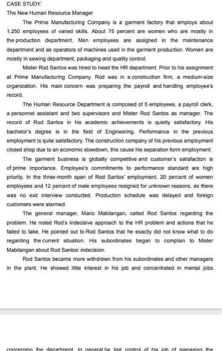 Solved CASE STUDY: The New Human Resource Manager The Prime | Chegg.com