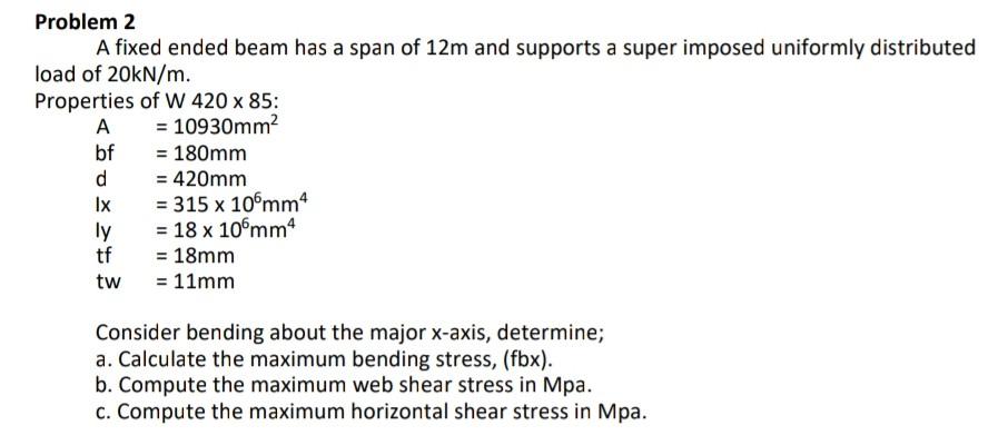 Solved Problem 2 A fixed ended beam has a span of 12m and | Chegg.com