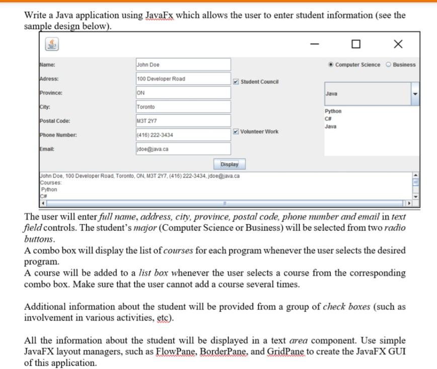 Solved Write a Java application using JavaFx which allows | Chegg.com