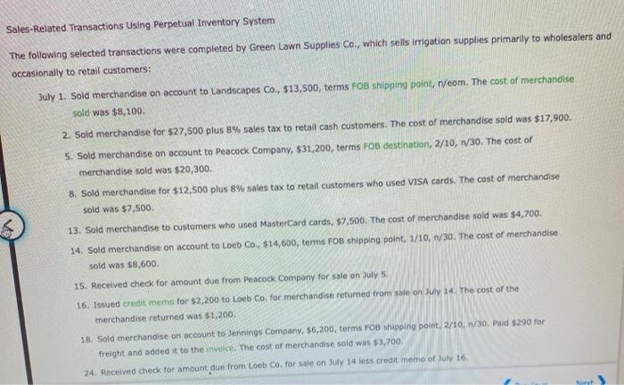 Solved Sales Related Transactions Using Perpetual Inventory Chegg