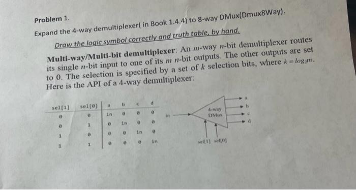 Expand the 4-way demultiplexer( in Book 1.4 .4\( ) \) to 8 -way DMux(Dmux8Way).
Problem 1.
Draw the logic symbol correctly an