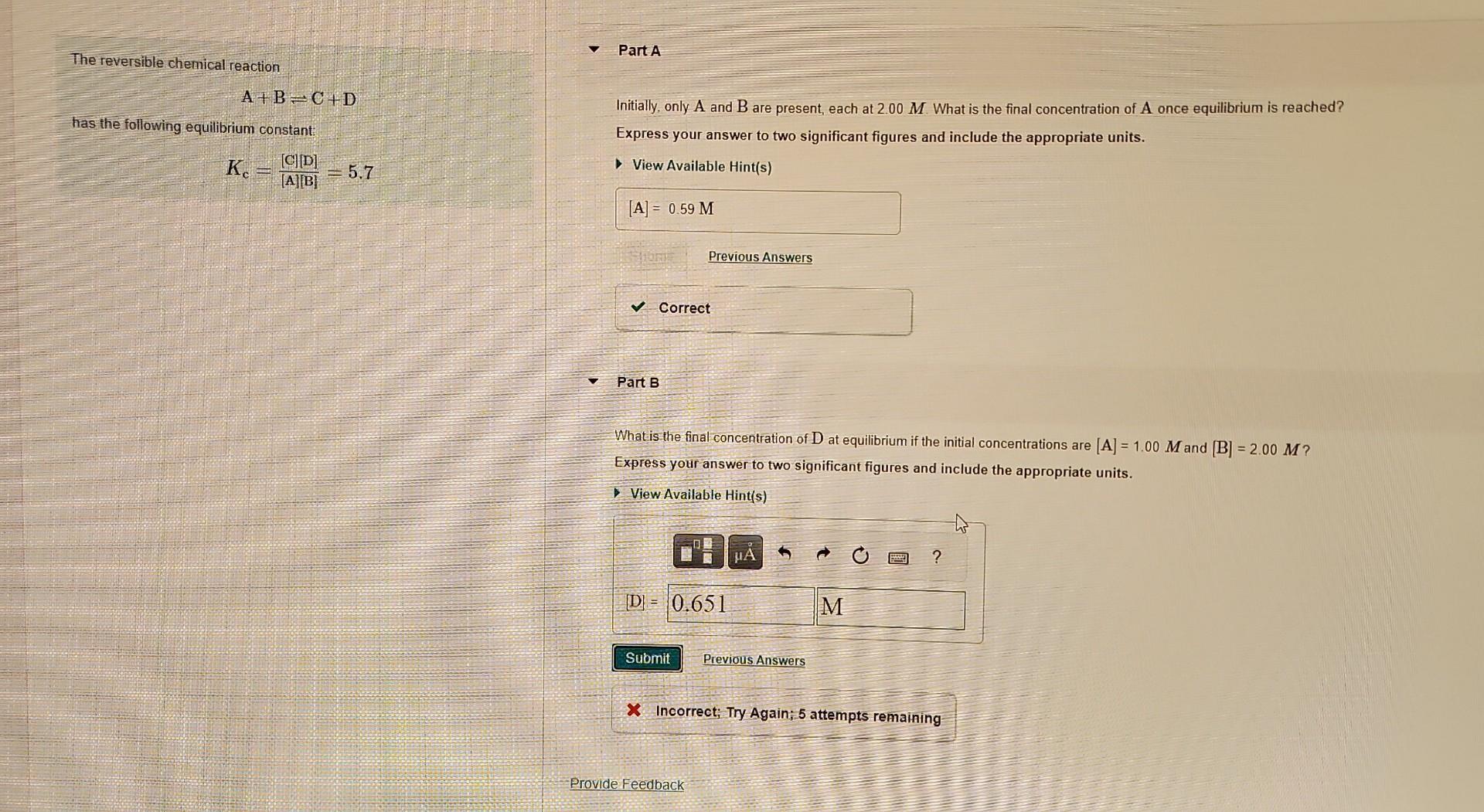 Solved The Reversible Chemical Reaction A+B=C+D Initially, | Chegg.com