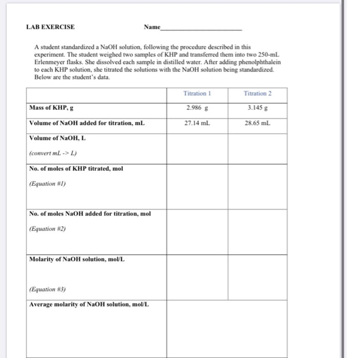 Solved STANDARDIZING A SODIUM HYDROXIDE SOLUTION The