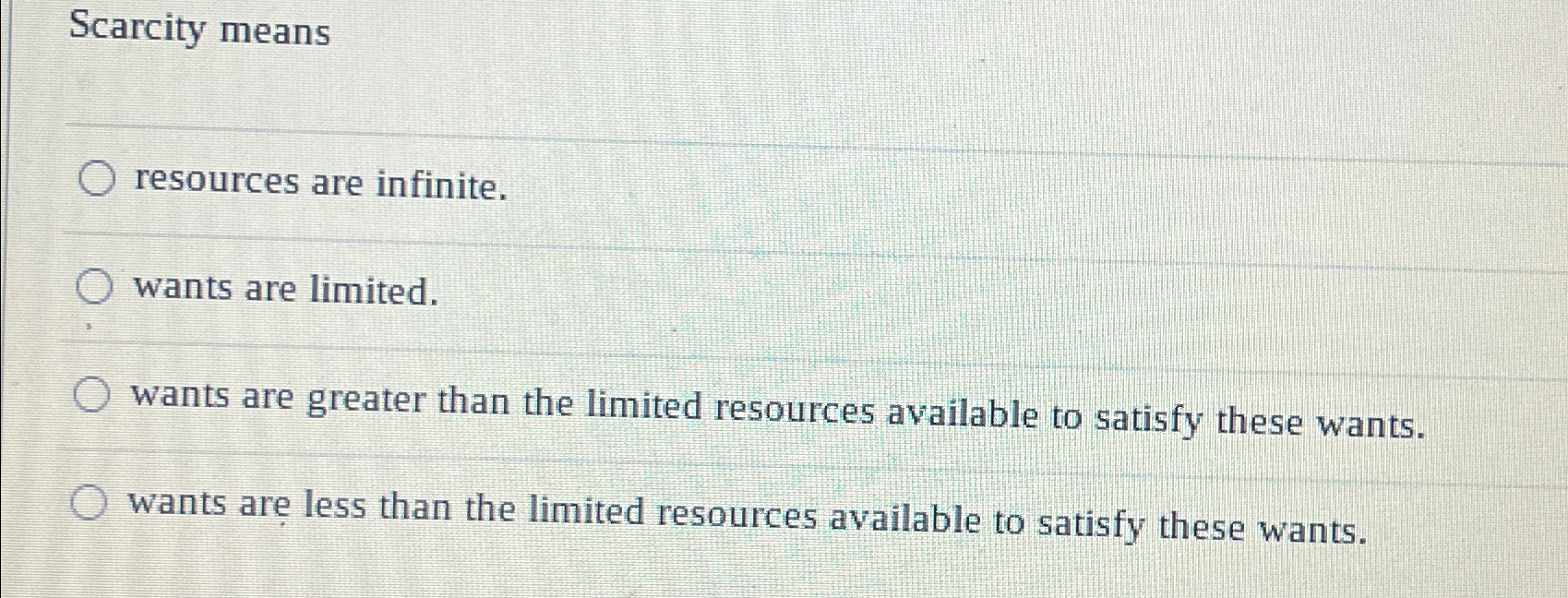 Solved Scarcity Meansresources Are Infinite.wants Are | Chegg.com