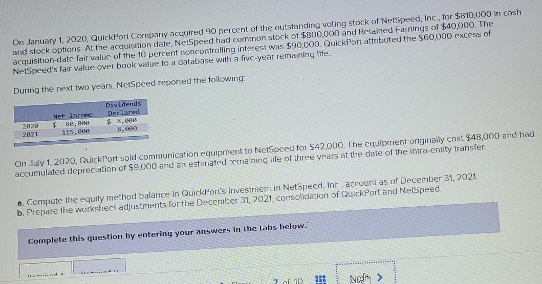 Solved On January 1, 2020, QuickPort Company acquired 90 | Chegg.com