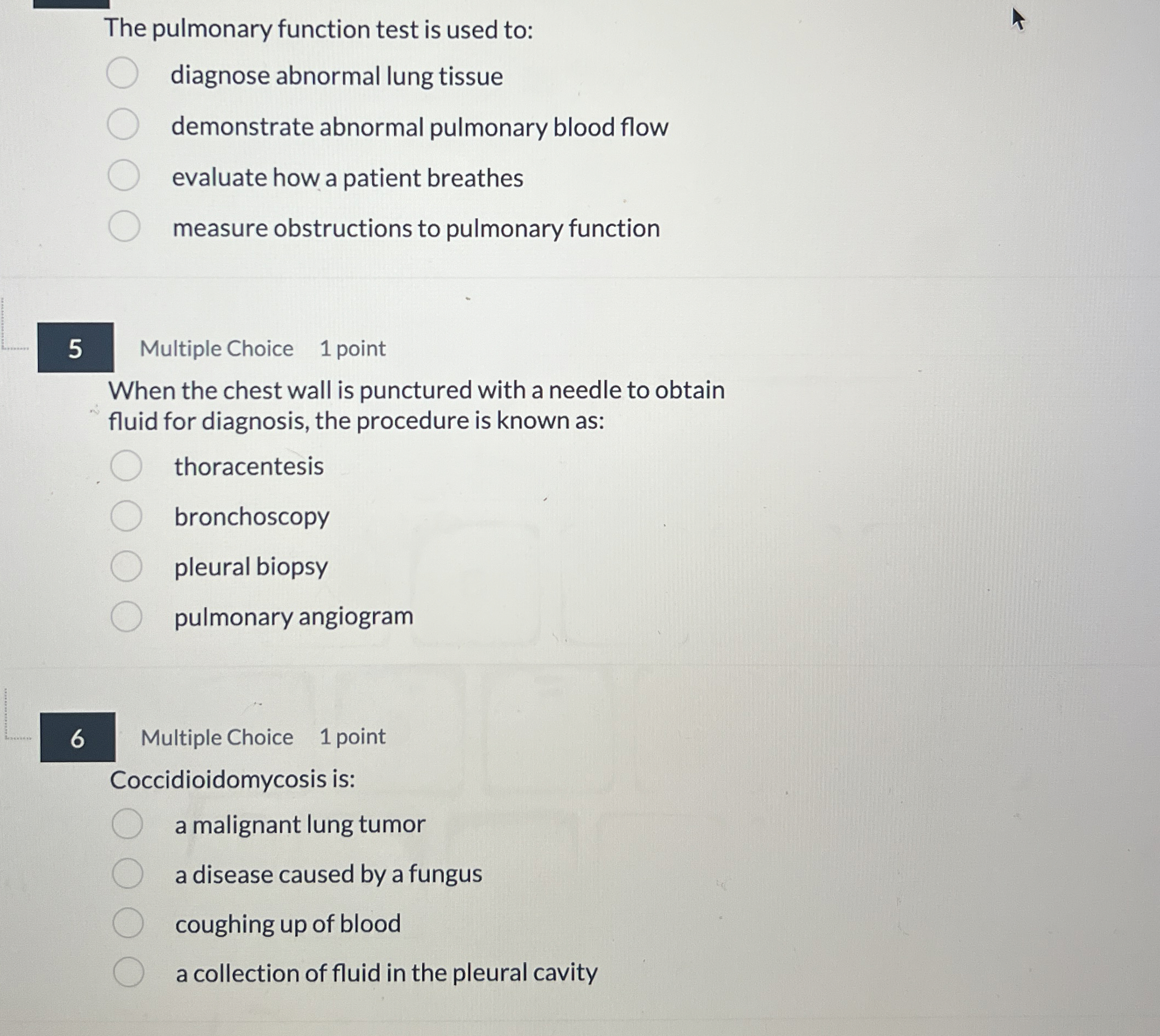 Solved The pulmonary function test is used to:diagnose | Chegg.com