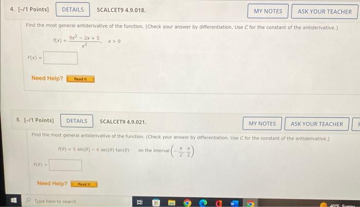 Solved Find The Most General Antiderivative Of The Function. | Chegg ...