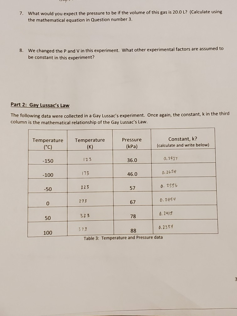 Solved Part 1 Boyle's Law The following table shows some