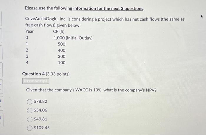 Solved Please use the following information for the next 3 | Chegg.com