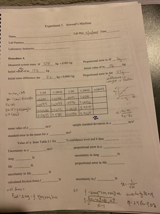 Experiment 3. Atwood's Machine Lab Day 1sett Time | Chegg.com