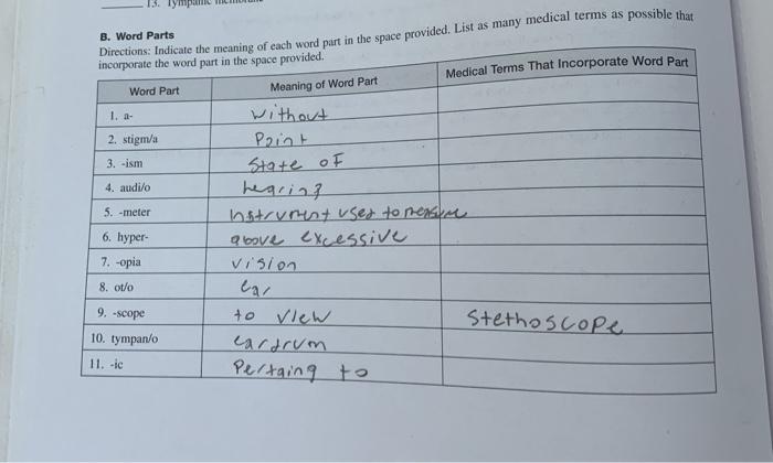 Solved 13. B. Word Parts Directions: Indicate the meaning of 