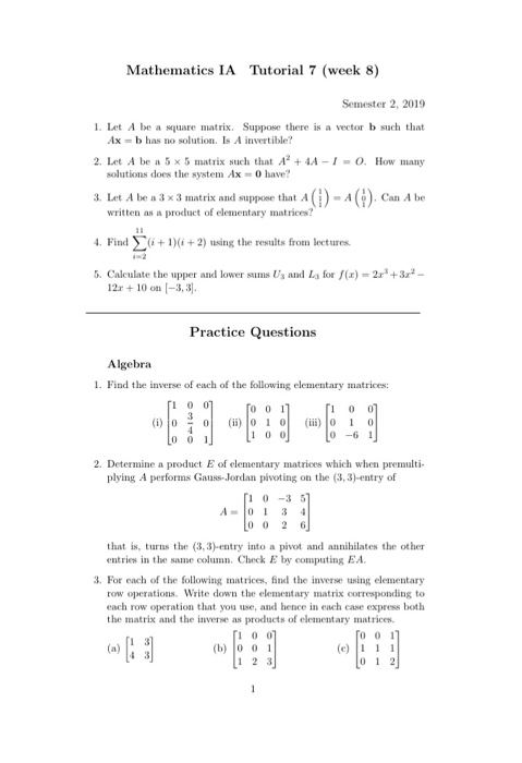 Solved Mathematics IA Tutorial 7 (week 8) Semester 2, 2019 | Chegg.com