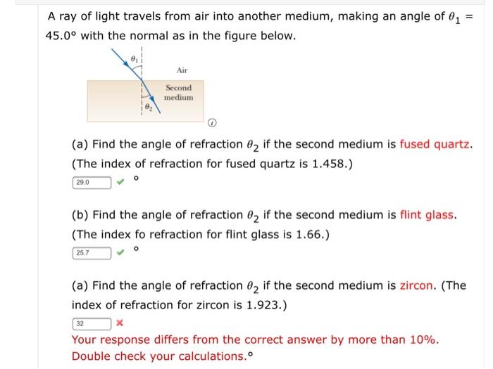 Solved = A ray of light travels from air into another | Chegg.com