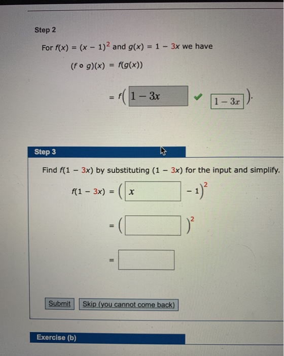Solved Step 2 For f(x) = (x - 1)2 and g(x) = 1 - 3x we have | Chegg.com