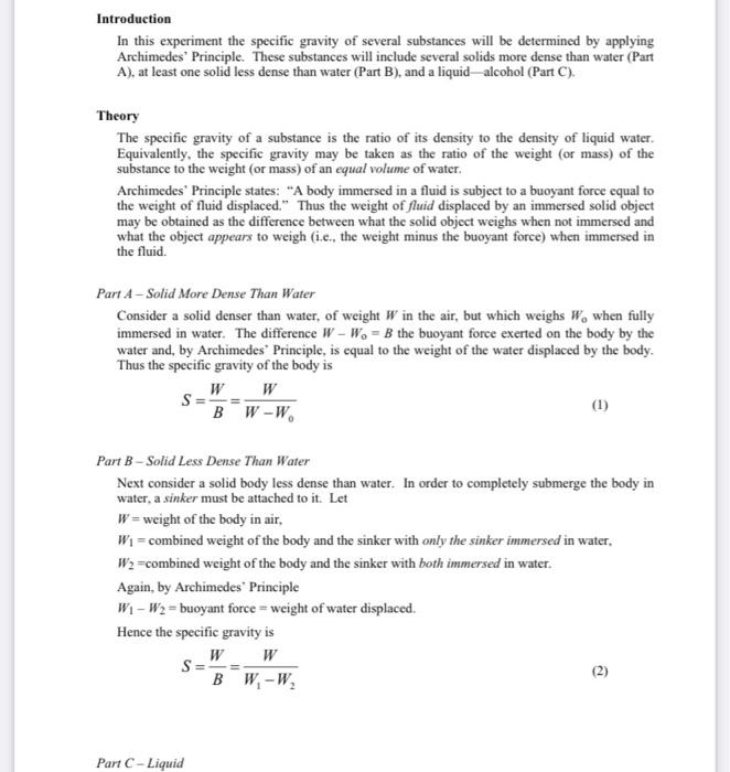 Solved Introduction In this experiment the specific gravity | Chegg.com