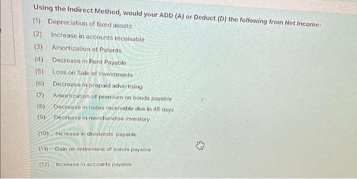Solved Using the Indirect Method, would your ADD (A) or | Chegg.com