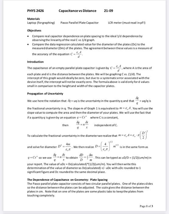 Solved PHYS 2426 Capacitance vs Distance 2109 Materials