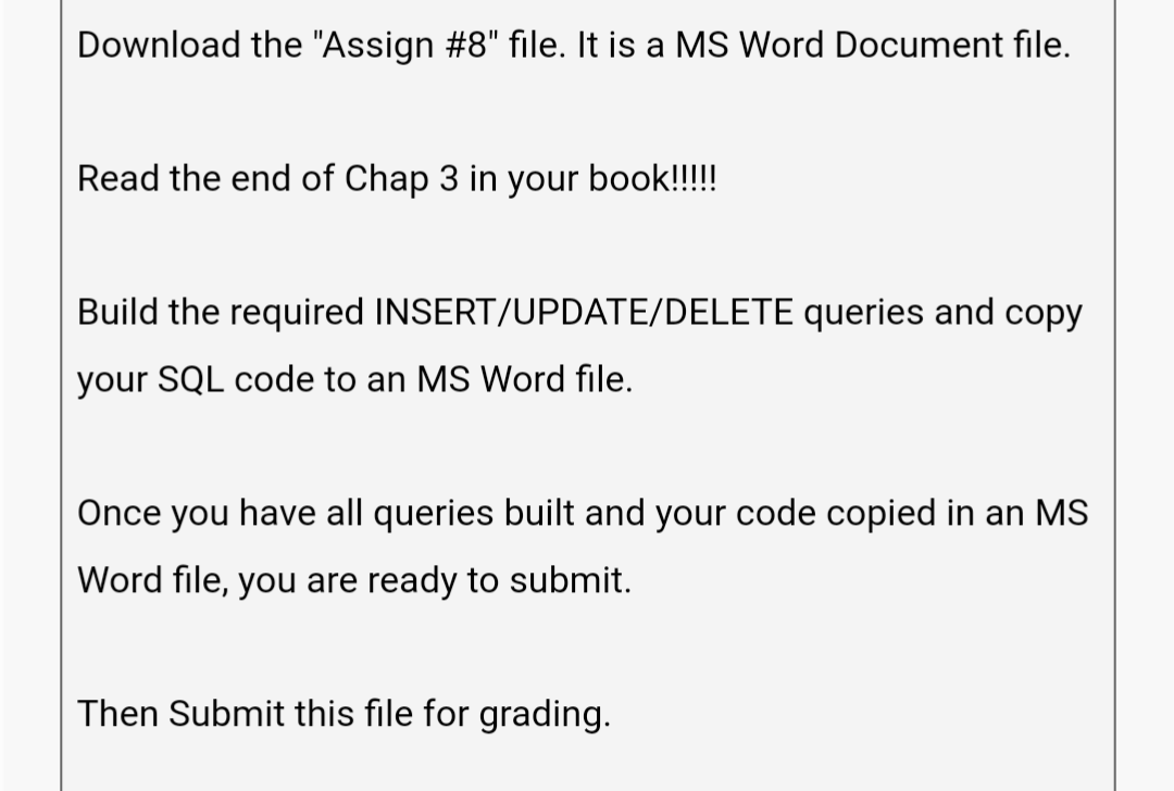 Download the Assign \#8 file. It is a MS Word Document file.
Read the end of Chap 3 in your book!!!!!
Build the required IN