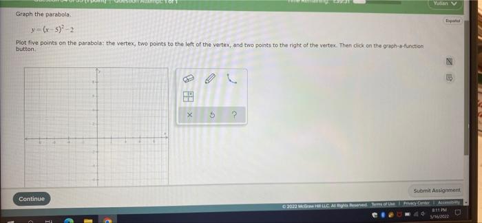 Solved woor Graph the parabola =6x5)-2 Plot five points on | Chegg.com