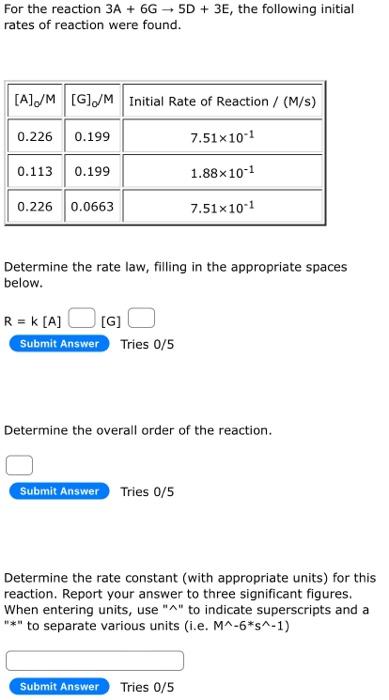 Solved For the reaction 3A+6G→5D+3E, the following initial | Chegg.com