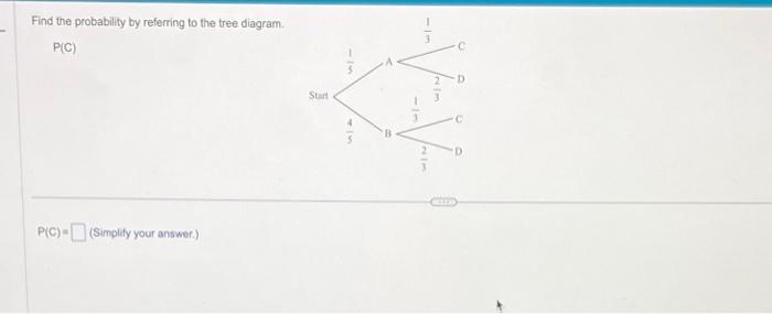 Find the probability by referring to the tree diagram.
\( P(C) \)
\( P(C)= \)
(Simplify your answer.)